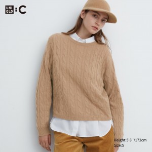 UNIQLO 100pct Cashmere Cable Knit Crew Neck Cropped Jumper Beige | TUKBDFW-43