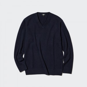 UNIQLO 100pct Cashmere V Neck Jumper Navy | SYGQFCI-24