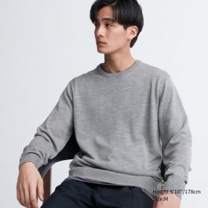 UNIQLO 100pct Extra Fine Merino Crew Neck Jumper Gray | QAMBUCT-09