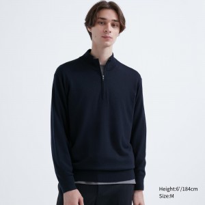 UNIQLO 100pct Extra Fine Merino Half Zipped Jumper Navy | YLNZBMK-72