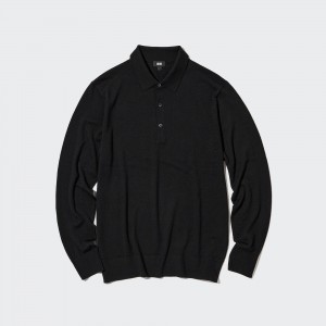 UNIQLO 100pct Extra Fine Merino Knit Long Sleeved Polo Shirt Black | DTEYWZK-84