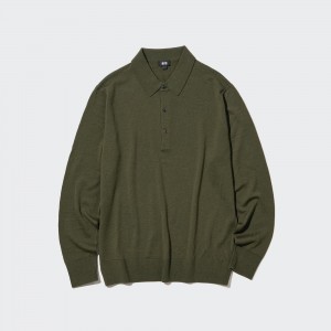 UNIQLO 100pct Extra Fine Merino Knitted Long Sleeved Polo Shirt Olive | AYWTXZN-09