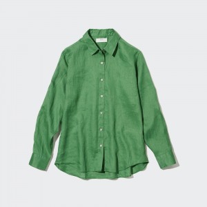 UNIQLO 100pct Premium Linen Shirt Green | UYPQCVZ-09