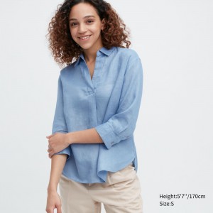 UNIQLO 100pct Premium Linen Skipper Collar 34 Sleeved Shirt Blue | SHMTBQZ-24