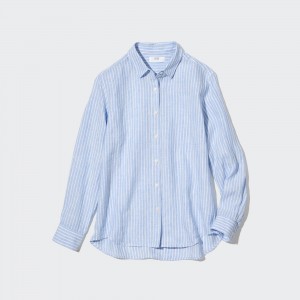 UNIQLO 100pct Premium Linen Striped Long Sleeved Shirt Light Blue | DGKPQCI-91