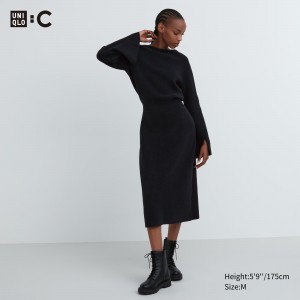 UNIQLO Boat Neck Long Sleeved Knitted Dress Black | NSWXOQI-67