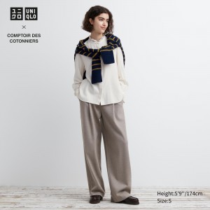 UNIQLO Brushed Jersey Pleated Wide Leg Trousers Long Beige | CDWEKPI-75