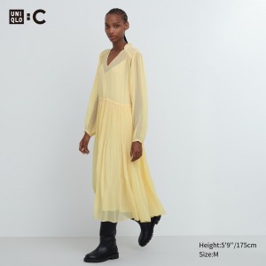 UNIQLO Chiffon Pleated Long Sleeved Dress Yellow | XSGYETP-70