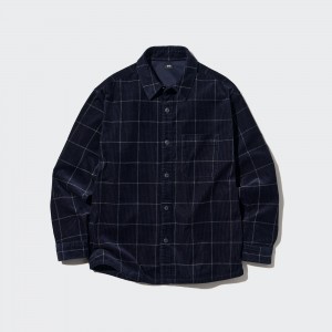 UNIQLO Corduroy Oversized Checked Shirt Navy | DRFLIJH-92