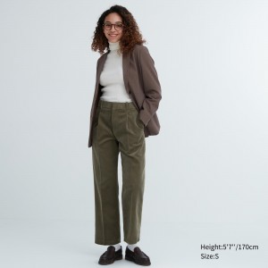 UNIQLO Corduroy Pleated Wide Leg Trousers Olive | JBTFVNY-72