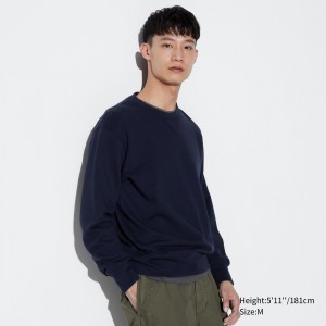 UNIQLO Cotton Crew Neck Sweatshirt Navy | VUOTQWA-05