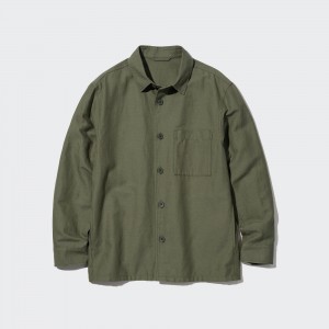 UNIQLO Cotton Linen Overshirt Olive | PRIBEQV-91