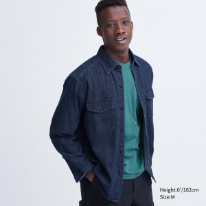 UNIQLO Denim Oversized Utility Overshirt Blue | MXWJLBE-76