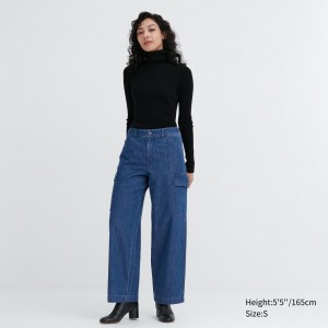 UNIQLO Denim Wide Leg Cargo Trousers Blue | FPOKRTI-90