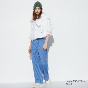 UNIQLO Denim Wide Straight Leg Cargo Trousers Blue | PNHWOZX-52