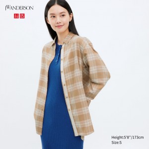 UNIQLO Flannel Checked Longline Shirt Beige | TLCFERN-65