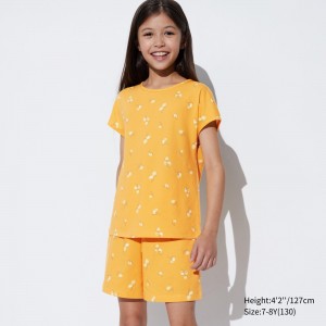 UNIQLO Girls Airism Cotton Blend Striped Short Sleeved Set Yellow | SLOQCVR-10