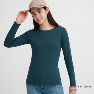 UNIQLO Heattech Extra Warm Cotton Crew Neck Long Sleeved Thermal Top Dark Green | FCUAWRY-12