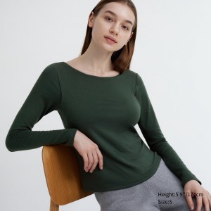 UNIQLO Heattech Ribbed Scoop Neck Long Sleeved Thermal Bra Top Dark Green | YUOXVBR-74