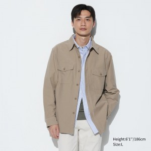 UNIQLO Jersey Overshirt Beige | GMFXRWN-69