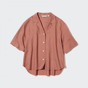 UNIQLO Linen Blend Open Collar Short Sleeved Shirt Brown | AJSGTIQ-82