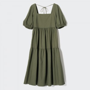 UNIQLO Linen Blend Shirring Volume Sleeved Dress Olive | OTBSEJP-19