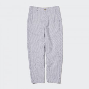 UNIQLO Linen Cotton Blend Striped Tapered Trousers Blue | YDSUVCE-58