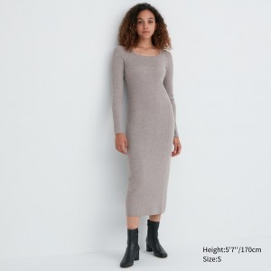 UNIQLO Merino Blend Fitted U Neck Long Sleeved Dress Gray | DYUFGJR-78