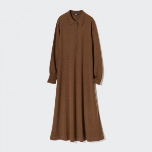 UNIQLO Merino Blend Polo Neck Long Sleeved Dress Brown | KDVNERL-85