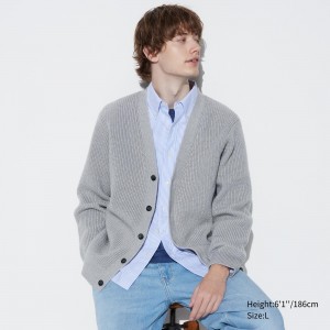 UNIQLO Middle Gauge Knit V Neck Cardigan Gray | DCBFGKX-26