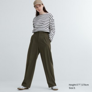 UNIQLO Pleated Wide Leg Trousers Olive | COTYUVZ-57