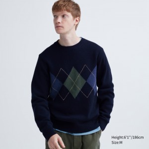 UNIQLO Premium Lambswool Argyle Crew Neck Jumper Navy | RDHKAUV-98