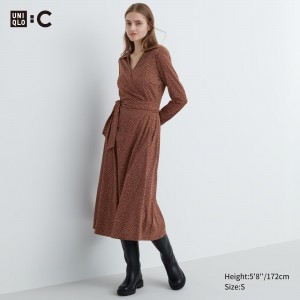 UNIQLO Printed Long Sleeved Wrap Dress Brown | MLDGKWJ-17