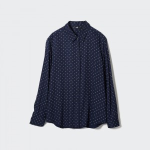 UNIQLO Rayon Printed Long Sleeved Blouse Navy | CJTURSW-63