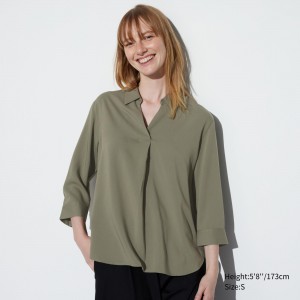 UNIQLO Rayon Skipper Collar 34 Sleeved Blouse Olive | PEOWJZQ-16