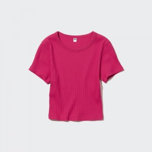 UNIQLO Ribbed Cropped Crew Neck T-Shirt Pink | GDLFBPO-09