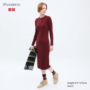 UNIQLO Ribbed Knit Long Sleeved Dress Red | QLSDBMZ-05