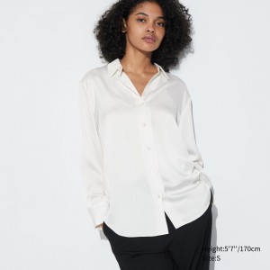 UNIQLO Satin Long Sleeved Blouse Off White | EIPOUXW-39