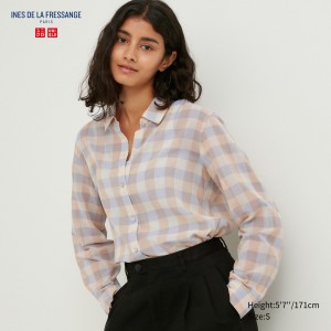 UNIQLO Sheer Cotton Checked Shirt Beige | XWERSIP-48