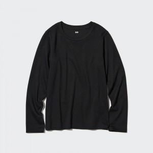 UNIQLO Smooth Stretch Cotton Crew Neck Long Sleeved Top Black | LGXZDWT-75