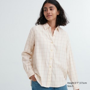 UNIQLO Soft Brushed Checked Long Sleeved Shirt Off White | VTIXRSP-19