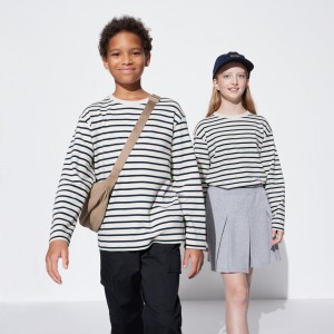 UNIQLO Soft Brushed Cotton Striped Crew Neck Long Sleeved T-Shirt Off White | YSZQLGV-47