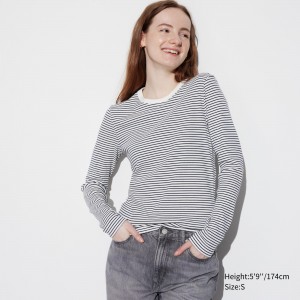 UNIQLO Soft Ribbed Fitted Striped Crew Neck Long Sleeved T-Shirt Off White | ZOKNIUD-08