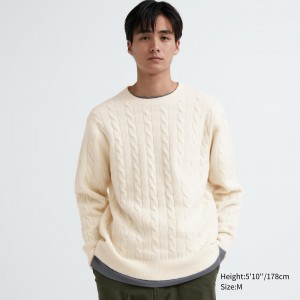 UNIQLO Soufflé Yarn Cable Knit Crew Neck Jumper Off White | QDCZRNW-45