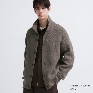 UNIQLO Soufflé Yarn Low Gauge Grandad Collar Cardigan Brown | IZRWJFT-50