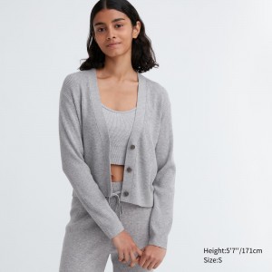 UNIQLO Washable Knit Ribbed Cardigan Gray | PEAZIOK-45