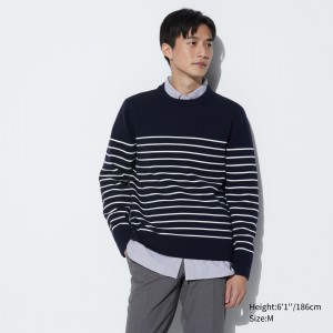 UNIQLO Washable Milano Ribbed Striped Crew Neck Jumper Navy | FPEGQZV-60