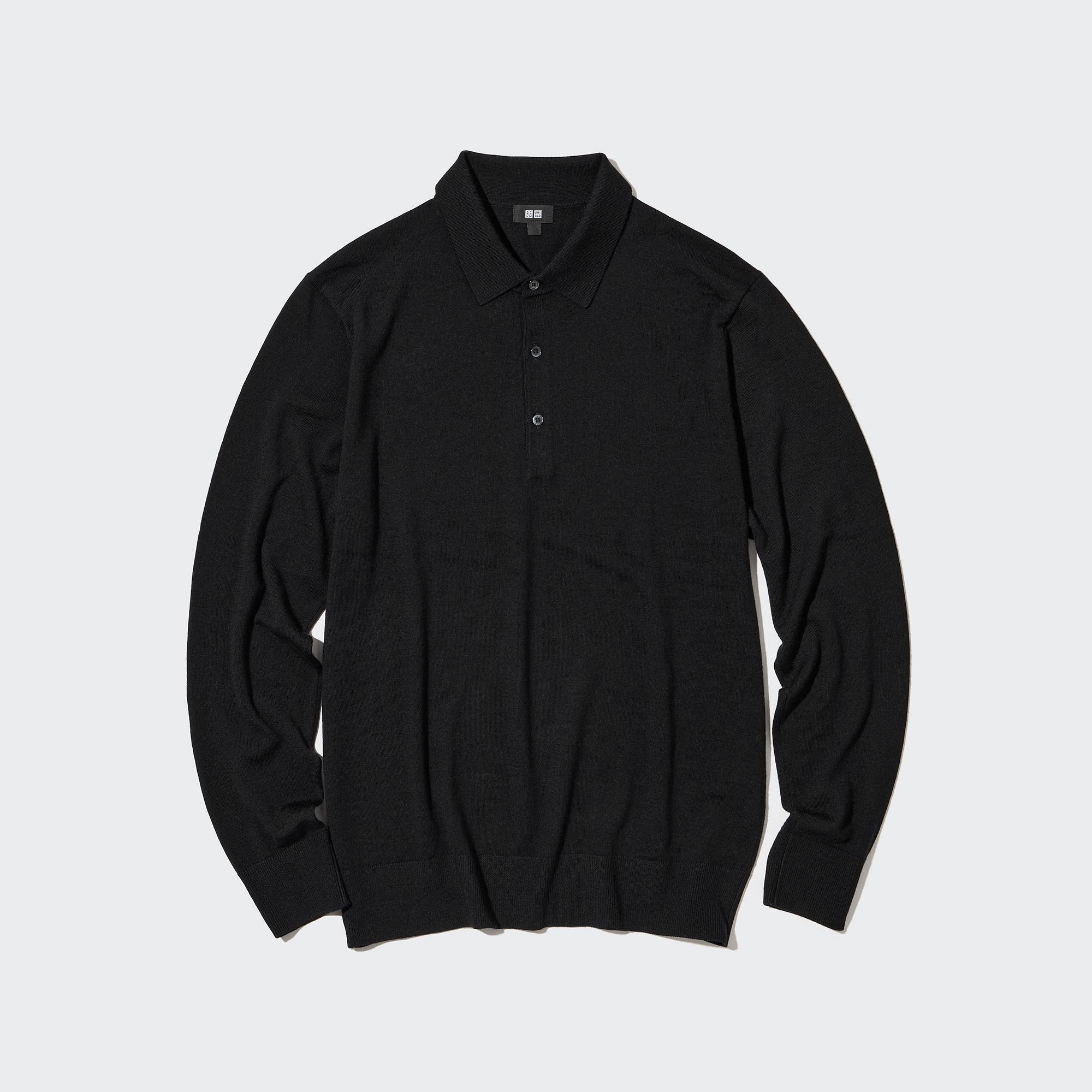 UNIQLO 100pct Extra Fine Merino Knit Long Sleeved Polo Shirt Black | DTEYWZK-84